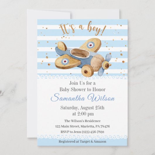 Invitation C'est un garçon ! Baby shower de jouets d'avion vi (Devant)