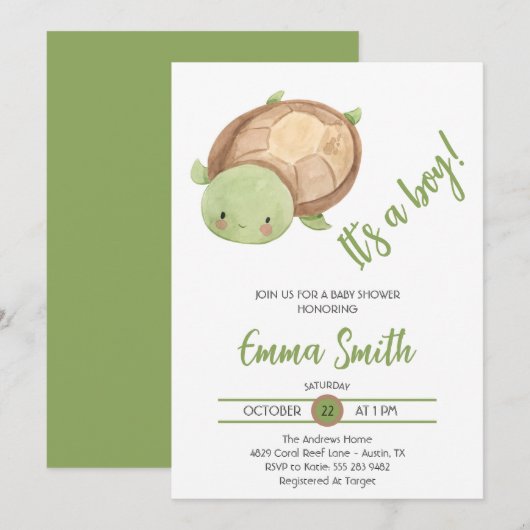 Invitation C'est un garçon Baby shower de tortue marine aquar (Devant / Derrière)
