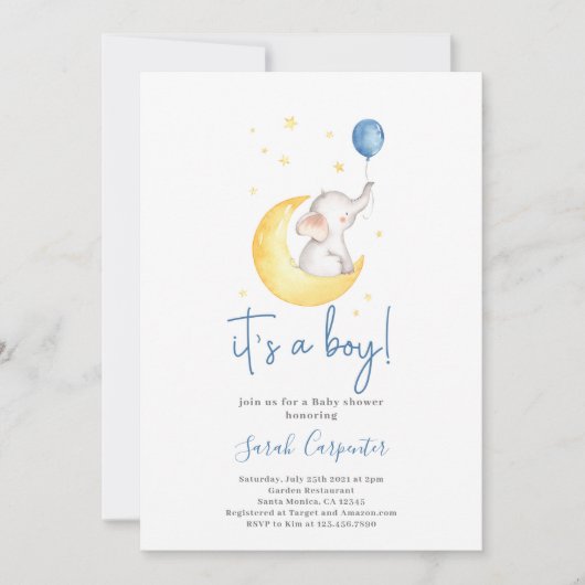 Invitation C'est un garçon baby shower d'éléphant (Devant)