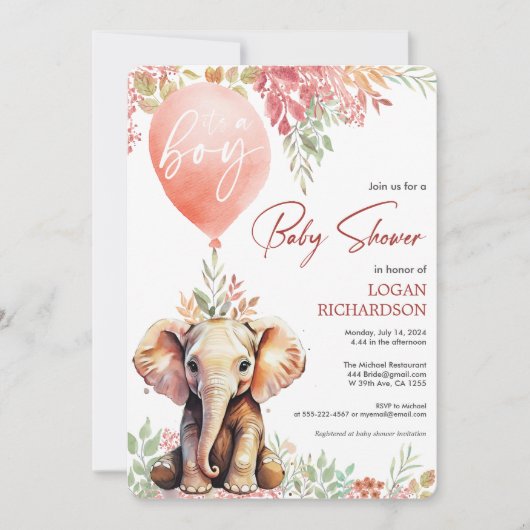 Invitation C'est un garçon baby shower d'éléphant en ballons  (Devant)