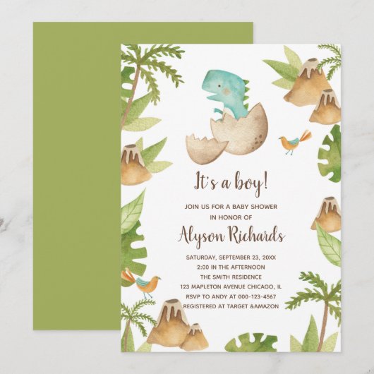 Invitation C'est un garçon Baby shower Dinosaure Aquarelle (Devant / Derrière)