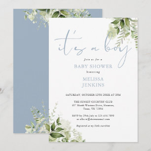 Invitation C'est un garçon Baby Shower Dusty Blue et Verdure