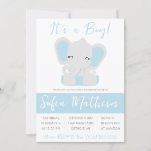 Invitation C'est un garçon ! Baby shower éléphant bleu et gri