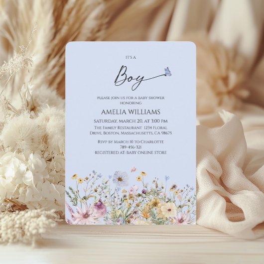 Invitation C'est un garçon Baby shower Floral bleu doux