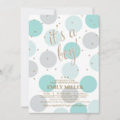 Invitation C'est un garçon - Baby shower gris, turquoise et o (Devant)