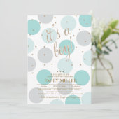 Invitation C'est un garçon - Baby shower gris, turquoise et o (Debout devant)