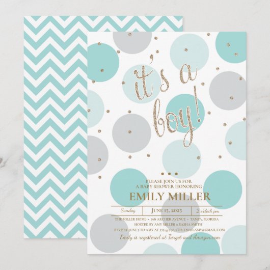 Invitation C'est un garçon - Baby shower gris, turquoise et o (Devant / Derrière)