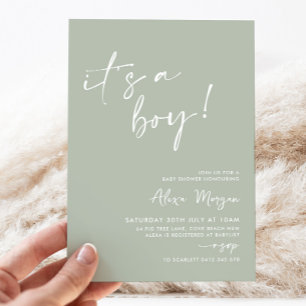 Invitation C'est un garçon ! Baby shower minimal Sage Green
