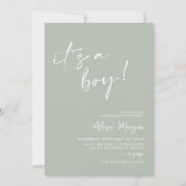 Invitation C'est un garçon ! Baby shower minimal Sage Green (Devant)