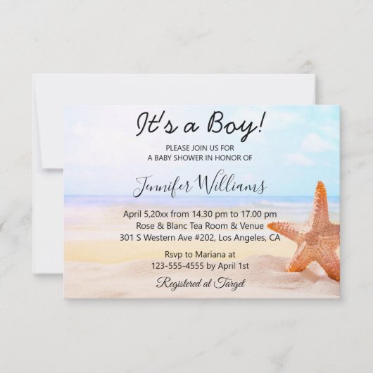 Invitation c'est un garçon, baby shower, plage tropicale été (Devant)