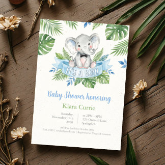Invitation C'est un Garçon Baby Shower Tropical d'Éléphant 
