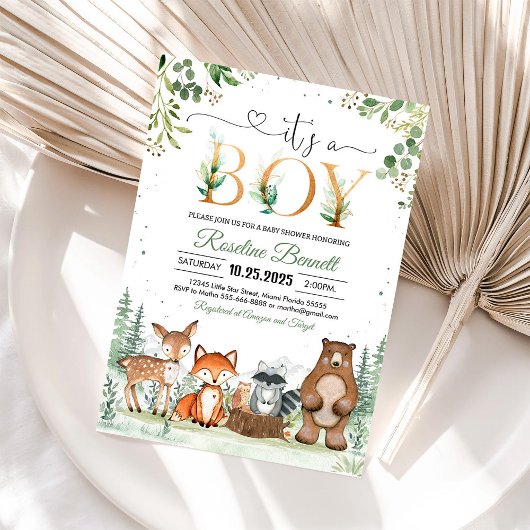 Invitation C'est un garçon Baby shower Woodland