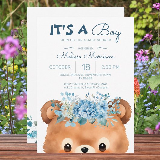 Invitation C'est un garçon Bear Floral Blue Baby shower