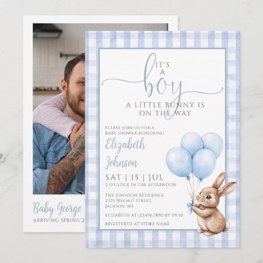 Invitation C'est un garçon Bébé Lapin Baby Shower Code QR Pho (Devant / Derrière)