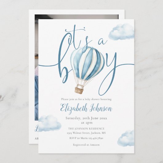 Invitation C'est un garçon Bleu Ballons QR Code Baby shower p (Devant / Derrière)