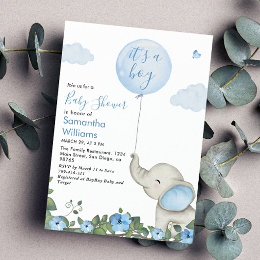 Invitation C'Est Un Garçon Bleu Balloon Elephant Baby shower