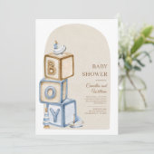 Invitation C'est un garçon Bleu Boho Blocks Et Baby shower de (Debout devant)