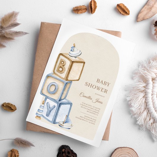 Invitation C'est un garçon Bleu Boho Blocks Et Baby shower de