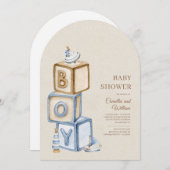Invitation C'est un garçon Bleu Boho Blocs Baby shower Arc (Devant / Derrière)