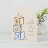 Invitation C'est un garçon Bleu Boho Blocs Baby shower Arc (Debout devant)
