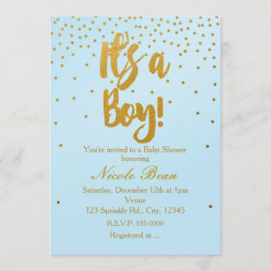 Invitation C'EST UN GARÇON Bleu clair & Gold Confetti Invitat