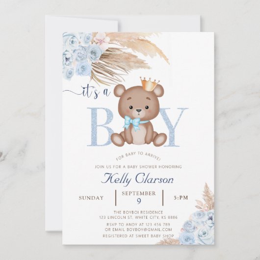 Invitation C'est un GARÇON Bleu Pampas Grass Boho Teddy Bear  (Devant)