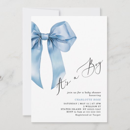 Invitation C'est un garçon Blue Bow Elegant Baby shower (Devant)