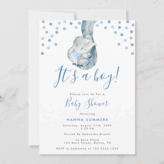 Invitation C'est un garçon Blue Elephant Baby shower Invitati (Devant)