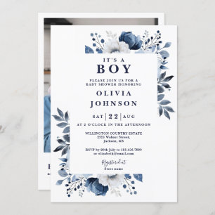 Invitation C'est un garçon Blue Floral Photo QR Baby shower