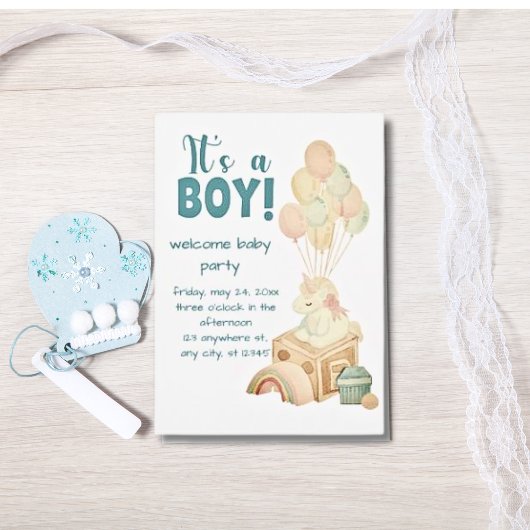 Invitation C'est un garçon Boho Balloon Baby shower bleu