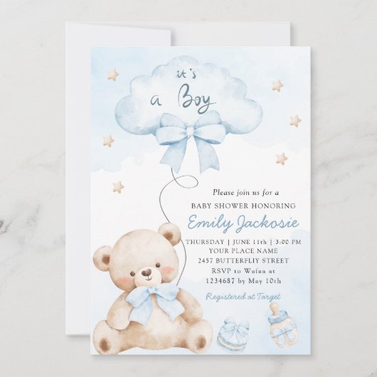 Invitation C'est un garçon Boho bleu mignon baby shower ours (Devant)