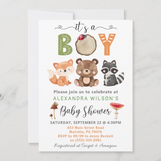 Invitation C'est un garçon Bois Animaux Baby shower Invitatio (Devant)