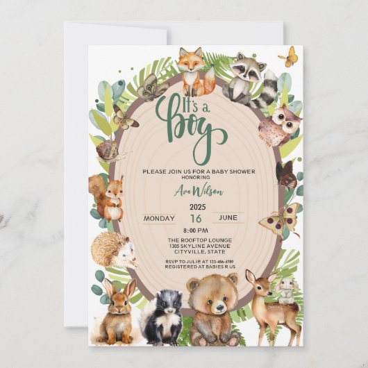 Invitation C'est un garçon Boy Woodland Animals Forest Baby s (Devant)