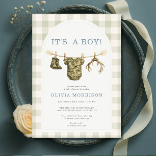 Invitation C'est un garçon Camo chasse Gingham Baby Shower