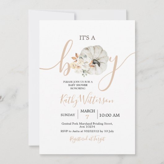 Invitation C'est un garçon Citrouille Rustic Floral Baby show (Devant)