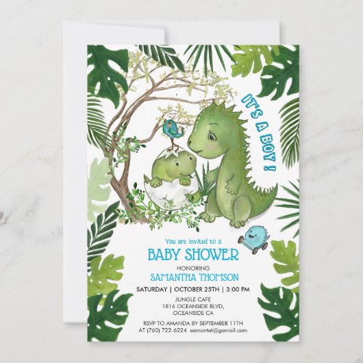 Invitation C'est un garçon ! Dino Baby shower Jungle tropical (Devant)