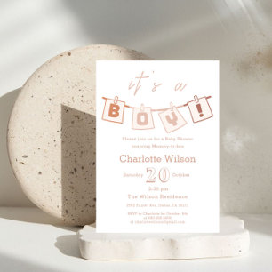 Invitation C'est un garçon ! Douce Baby Shower Gingham Marron