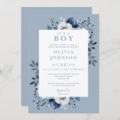 Invitation C'Est Un Garçon Dusty Bleu Élégant Baby shower Flo (Devant / Derrière)
