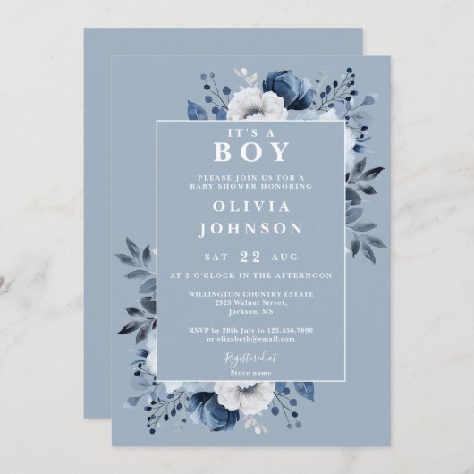 Invitation C'Est Un Garçon Dusty Bleu Élégant Baby shower Flo (Devant / Derrière)
