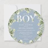 Invitation C'est un garçon Dusty Blue Greenery Baby shower (Devant)