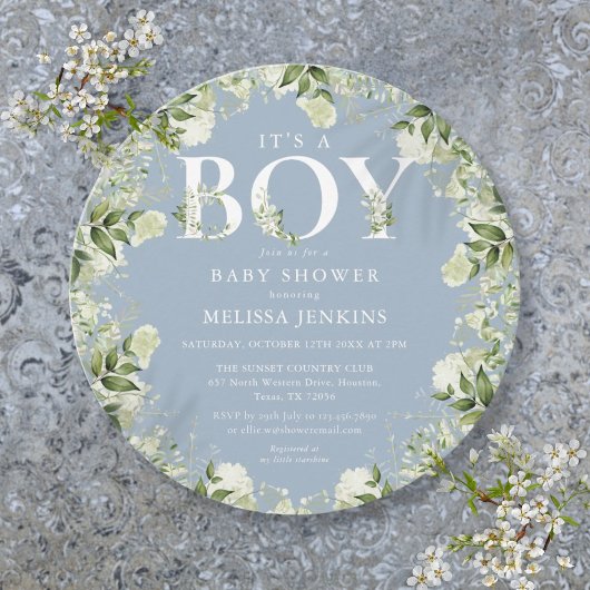 Invitation C'est un garçon Dusty Blue Greenery Baby shower