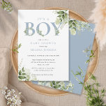 Invitation C'est un garçon Dusty Blue Greenery Baby shower<br><div class="desc">C'est une invitation au baby shower garçon avec une élégante typographie bleue poussiéreuse et de jolies feuilles de verdure botanique. Conçu par Thisisnotme©</div>