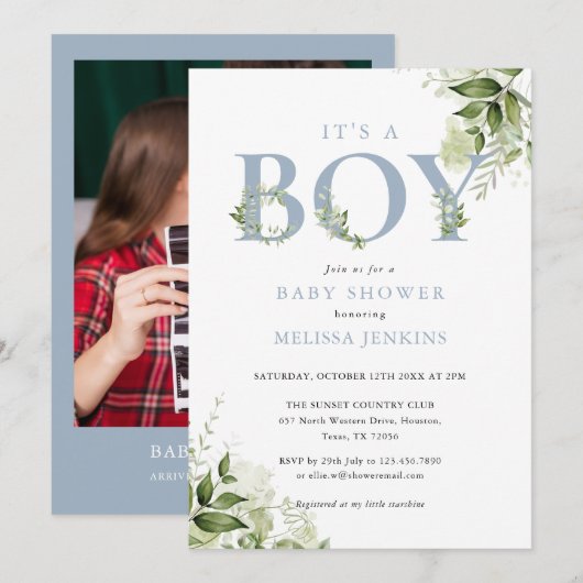 Invitation C'est un garçon Dusty Blue Greenery Baby shower ph (Devant / Derrière)