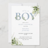 Invitation C'est un garçon Dusty Blue Greenery Code QR Baby S (Devant)