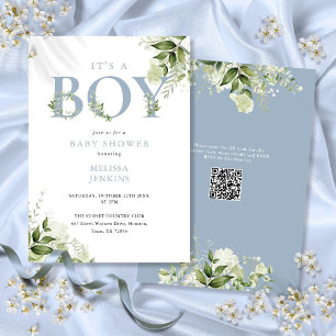 Invitation C'est un garçon Dusty Blue Greenery Code QR Baby S