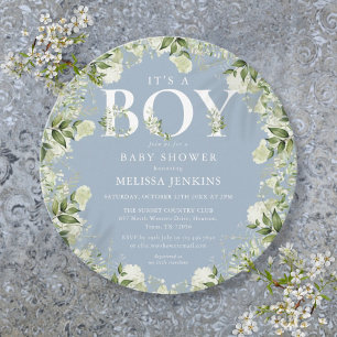Invitation C'est un garçon Dusty Blue Greenery Lettre Baby Sh