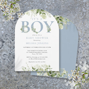 Invitation C'est un garçon Dusty Blue Greenery Lettre Baby Sh