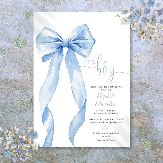 Invitation C'Est Un Garçon Élégant Baby shower Bleu Bow