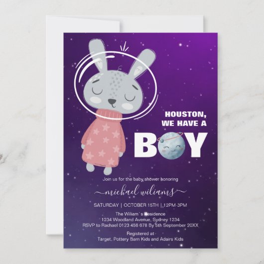 Invitation C'est un garçon espace lapin baby shower invitatio (Devant)