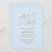 Invitation C'est un garçon Fancy Gold Stars Blue Baby Boy Sho (Devant / Derrière)